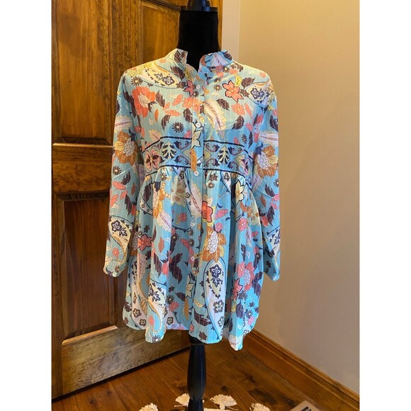 Boho Womens Button down Hi Low Silky Feel Plus Size 2XL Peasant blouse Top - Picture 1 of 12